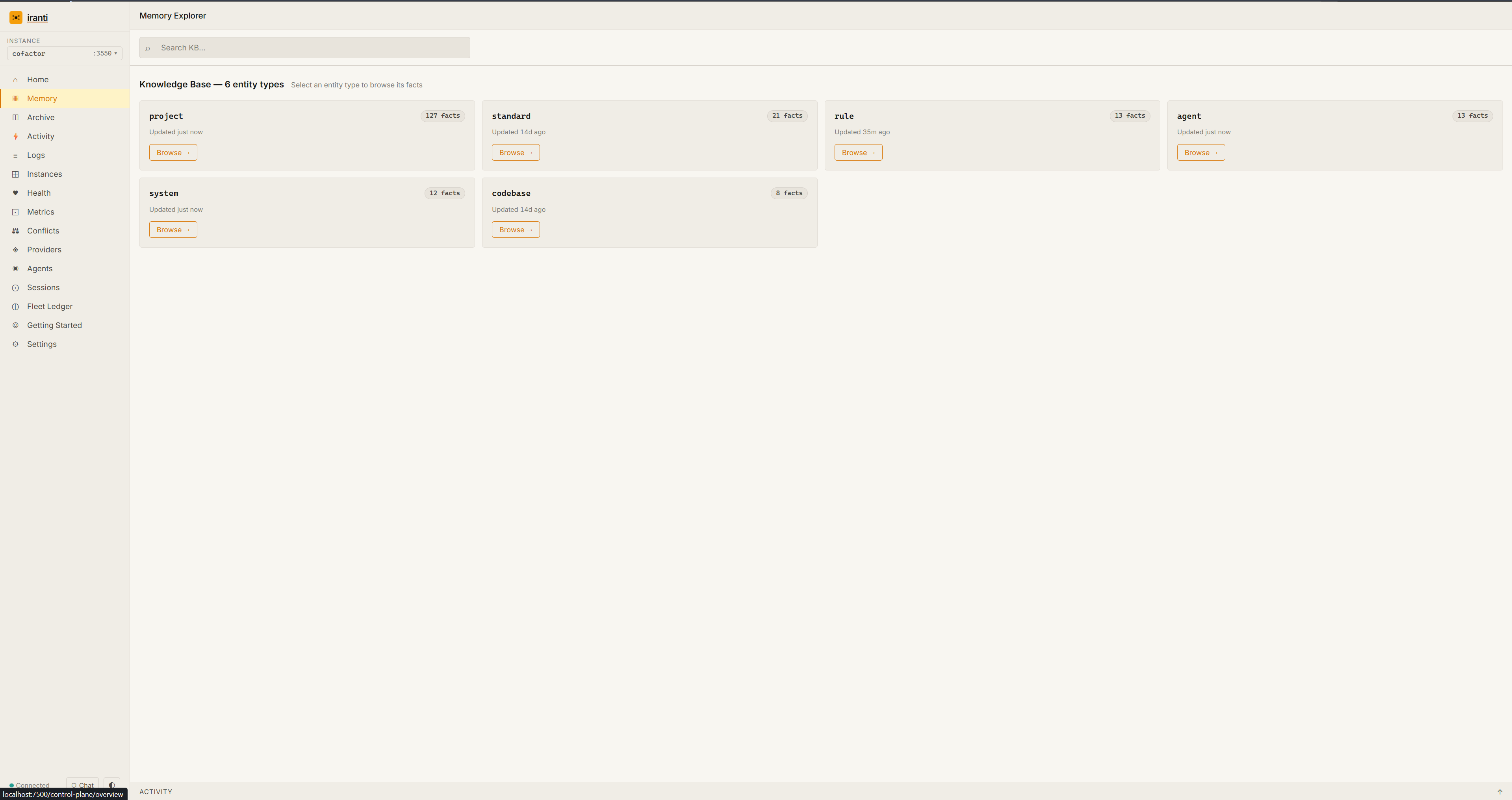 Iranti control plane — Memory Explorer showing 6 entity types